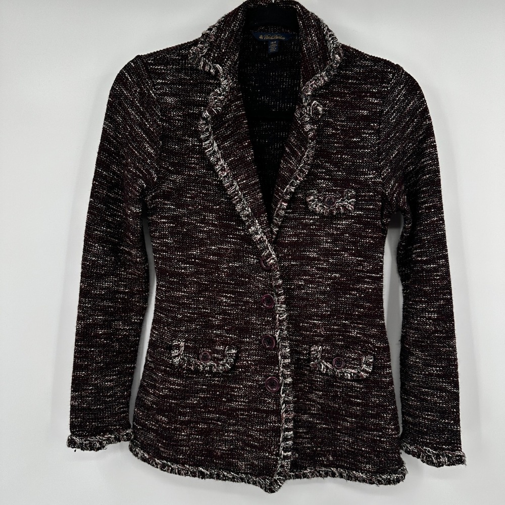 Brooks Brothers Womens XS Burgundy Marled Knit Fringe Trim Tweed Blazer Jacket